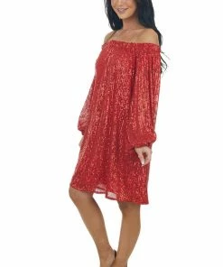 Vine & Love Lipstick Red Sequin Off Shoulder A Line Dress