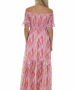 Peach Love Dresses Magenta Abstract Print Smocked Off Shoulder Dress