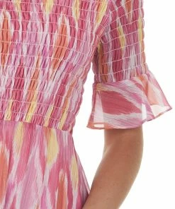 Peach Love Dresses Magenta Abstract Print Smocked Off Shoulder Dress
