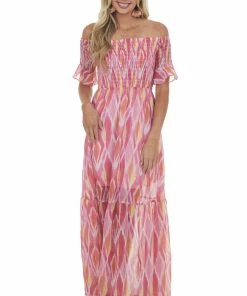 Peach Love Dresses Magenta Abstract Print Smocked Off Shoulder Dress