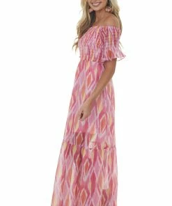 Peach Love Dresses Magenta Abstract Print Smocked Off Shoulder Dress