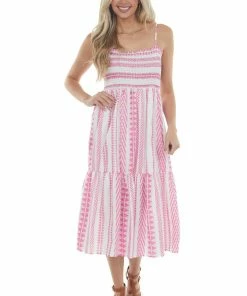 Umgee Magenta Abstract Striped Sleeveless Midi Dress