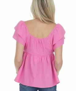 Umgee Magenta Babydoll Smocked Ruffle Sleeve Top