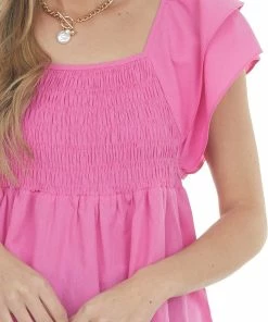 Umgee Magenta Babydoll Smocked Ruffle Sleeve Top