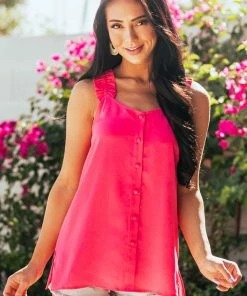 Doe & Rae Magenta Button Up Ruffle Strap Woven Tank Top