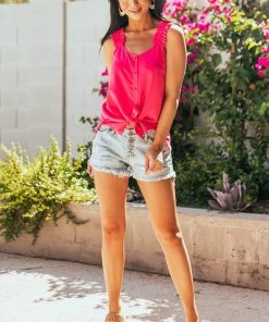 Doe & Rae Magenta Button Up Ruffle Strap Woven Tank Top