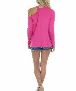 143 Story Magenta Cold Shoulder Long Sleeve Knit Top Tops