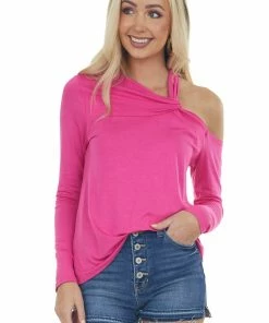 143 Story Magenta Cold Shoulder Long Sleeve Knit Top Tops