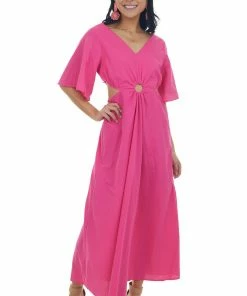 Umgee Dresses Magenta Flare Sleeve Waist Cut Out Midi Dress