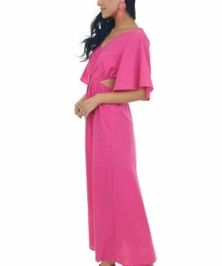 Umgee Dresses Magenta Flare Sleeve Waist Cut Out Midi Dress