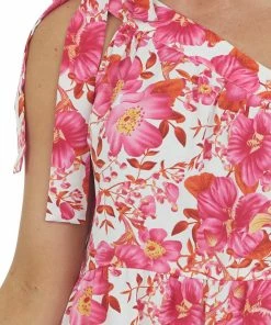 Staccato Tops Magenta Floral One Shoulder Tie Strap Blouse