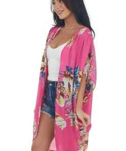 Umgee Magenta Floral Print Cocoon Hem Kimono Tops