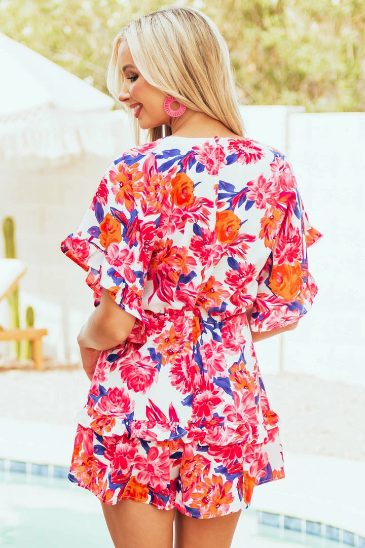 Umgee Magenta Floral Print Ruffle Waist Tie Romper Dresses 7 Umgee Magenta Floral Print Ruffle Waist Tie Romper Dresses