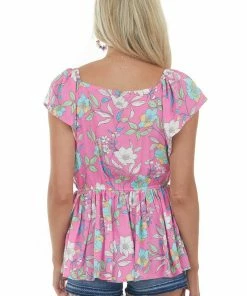 Staccato Magenta Floral Print V Neck Peplum Blouse