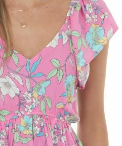 Staccato Magenta Floral Print V Neck Peplum Blouse