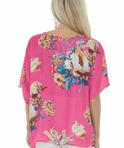 Umgee Magenta Floral Short Sleeve Blouse With Knot Tops