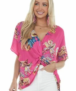 Umgee Magenta Floral Short Sleeve Blouse With Knot Tops