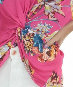 Umgee Magenta Floral Short Sleeve Blouse With Knot Tops