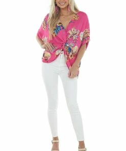 Umgee Magenta Floral Short Sleeve Blouse With Knot Tops