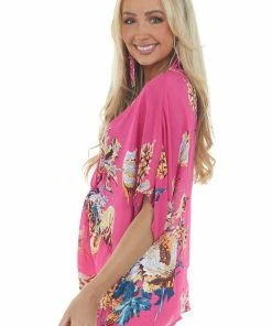 Umgee Magenta Floral Short Sleeve Blouse With Knot Tops
