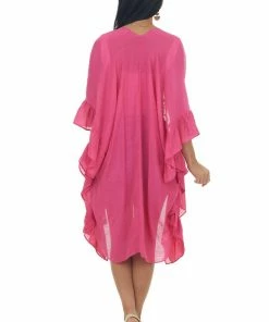 HYFVE Tops Magenta Half Ruffle Sleeve Textured Kimono