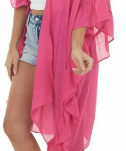 HYFVE Tops Magenta Half Ruffle Sleeve Textured Kimono