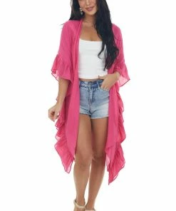 HYFVE Tops Magenta Half Ruffle Sleeve Textured Kimono