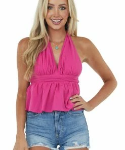 BiBi Magenta Halter Tie Plunging Neck Peplum Blouse