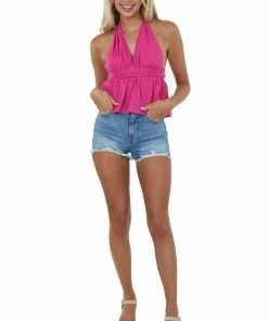 BiBi Magenta Halter Tie Plunging Neck Peplum Blouse