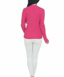 143 Story Tops Magenta Long Sleeve Mesh Yoke Ribbed Knit Top