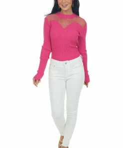 143 Story Tops Magenta Long Sleeve Mesh Yoke Ribbed Knit Top