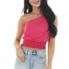 Entro Magenta One Shoulder Knit Crop Top With Smocked Waist