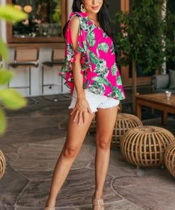 Caramela Magenta Palm Leaf One Shoulder Ruffle Blouse Tops