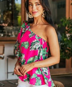 Caramela Magenta Palm Leaf One Shoulder Ruffle Blouse Tops