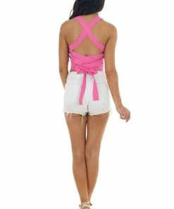 LE LIS Magenta Ribbed Knit Criss Cross Back Crop Top Tops