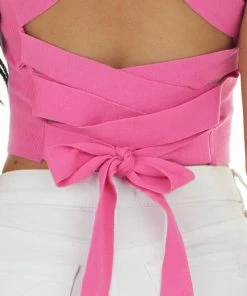 LE LIS Magenta Ribbed Knit Criss Cross Back Crop Top Tops