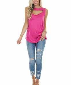 My Story Magenta Sleeveless Stretchy Knit Top With Cut Out Detail
