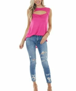My Story Magenta Sleeveless Stretchy Knit Top With Cut Out Detail