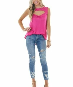My Story Magenta Sleeveless Stretchy Knit Top With Cut Out Detail