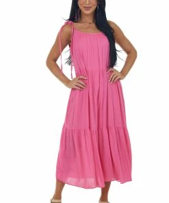 Lovely Melody Dresses Magenta Sleeveless Tiered Woven Midi Dress