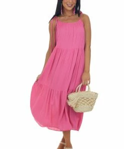 Lovely Melody Dresses Magenta Sleeveless Tiered Woven Midi Dress