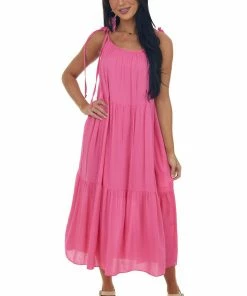 Lovely Melody Dresses Magenta Sleeveless Tiered Woven Midi Dress
