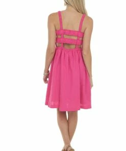 Davi & Dani Magenta Smocked Criss Cross Back Woven Dress