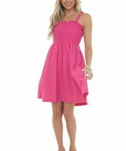 Davi & Dani Magenta Smocked Criss Cross Back Woven Dress