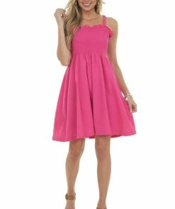 Davi & Dani Magenta Smocked Criss Cross Back Woven Dress