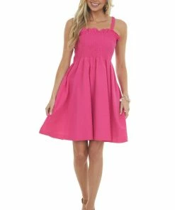 Davi & Dani Magenta Smocked Criss Cross Back Woven Dress