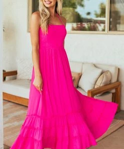 IN LOOM Dresses Magenta Smocked Strappy Back Halter Maxi Dress