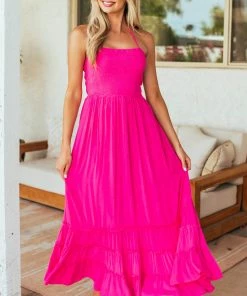 IN LOOM Dresses Magenta Smocked Strappy Back Halter Maxi Dress