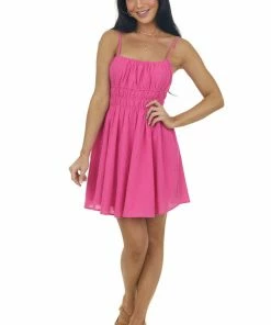 HYFVE Magenta Sleeveless Strap Ruched Waist Mini Dress Dresses