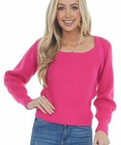 &merci Magenta Square Neckline Long Sleeve Sweater